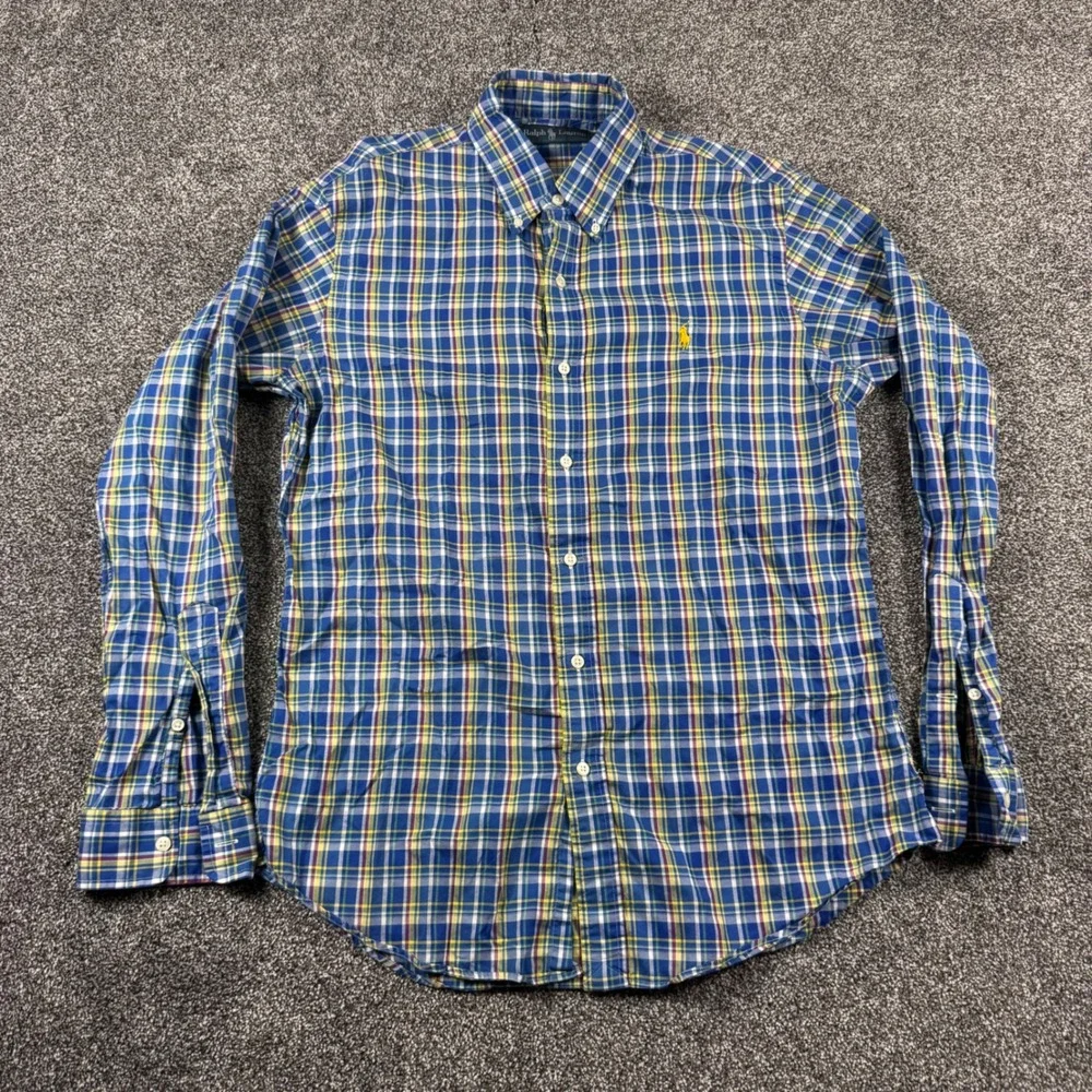 Polo Ralph Lauren Men's Medium‎ Blue Yellow Plaid Button Down Shirt Long Sleeve